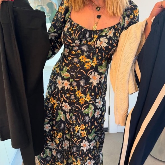 NWT Doen Guinevere Silk Ruched V Neck Long Sleeve Bias Midi Dress Sweet Anemone - Picture 1 of 15